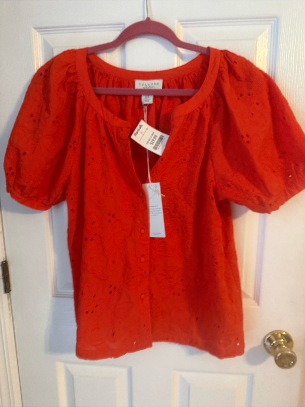 Women’s striking orange Eyelet Puff-Sleeve Blouse